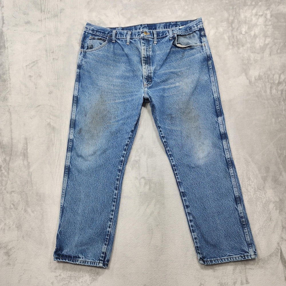 Rustler Jeans‎ Mens 44x30 Blue Stone Wash Straight Zip Fly Distressed Workwear